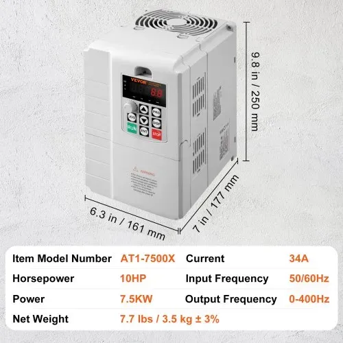VEVOR Frequenzumrichter, Frequenzumwandler, Inverter, VFD, 7,5 kW, 34 A, 10 PS, 1-phasiger 220-V-Eingang auf 3-phasigen 220-V-Ausgang, zur Drehzahlregelung von dreiphasigen Motoren – Bild 6