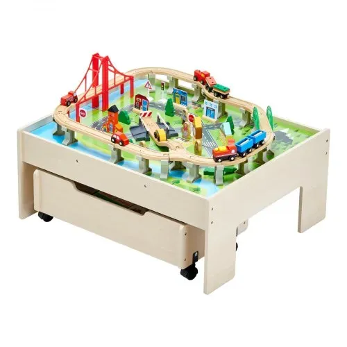 VEVOR Holz Aktivitätstisch, 100-teilig, Eisenbahntisch mit rollender Schublade, 3-in-1-Holzeisenbahn-Set zum Spielen, Malen, Lesen, Essen, kreatives Spielzeug-Set für Kinder ab 3 Jahren – Bild 9