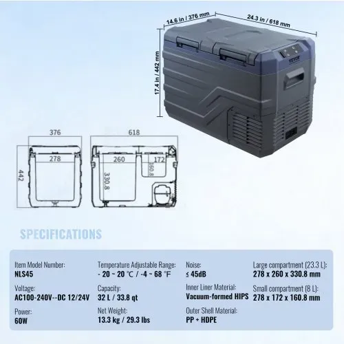 VEVOR Autokühlschrank, 12-Volt-A tragbarer 32-Liter-Gefrierschrank mit zwei Zonen, einstellbarer Bereich von -4℉ bis 68℉, 12/24 V DC und 100-240 V AC-Kompressorkühler für Outdoor, Camping, Wohnmobil – Bild 6