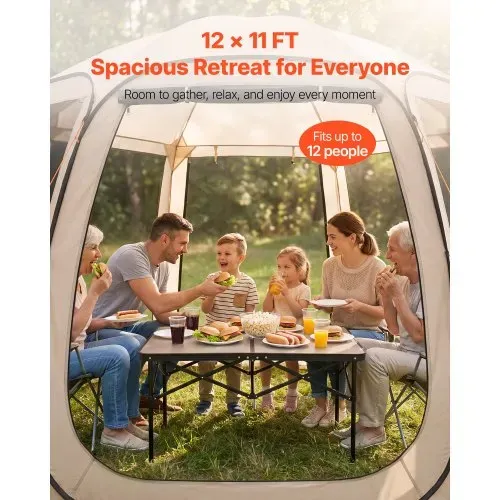 VEVOR Pop-Up-Zelt, 365,76x335,28 cm, tragbares Campingzelt für 10–12 Personen, mit Netz, Tragetasche, Seitenwänden und Heringen, für Garten, Terrasse und Outdoor-Aktivitäten, Beige – Bild 2