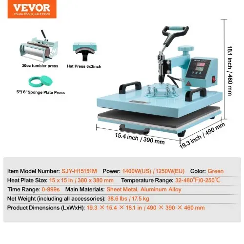 VEVOR Hitzepresse, 15 x 15 Zoll, 5-in-1-Wärmeübertragungsmaschine mit 30-oz-Tumbler-Presse, 360° wegschwenkbares T-Shirt-Pressen, digitale präzise Steuerung, für T-Shirts/Tassen/Hüte/Teller, grün – Bild 6