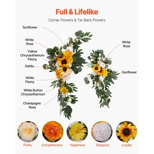 VEVOR Blumen für Hochzeit Bogen, gelbe Blumen für Traubogen mit Vorhängen (3er-Set) – 2 Blumenarrangements, 1 transparente Vorhänge, für Zeremoniensträuße, Empfangshintergrunddekoration – Bild 4