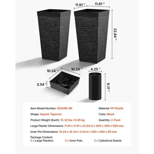 VEVOR Pflanztopf 300x300x580 mm 2er-Set, Blumentopf, Blumenkübel, PP-Pflanzgefäß, Planzkübel, Pflanzkasten mit Innentopf & Abflusslöchern, Geeignet für Zimmer- & Gartenpflanzen, Schwarz – Bild 6