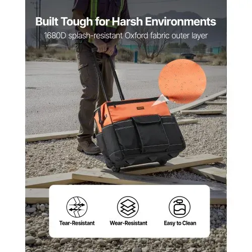 VEVOR Werkzeugtasche mit Rollen, 50 kg Tragkraft, 27 Taschen, Arbeitsrucksack mit verstellbarer Teleskopgriff & stabiler Standfuß, Werkzeugtaschen-Organizer für Bau, Mechanik, 510x310x450 mm – Bild 2