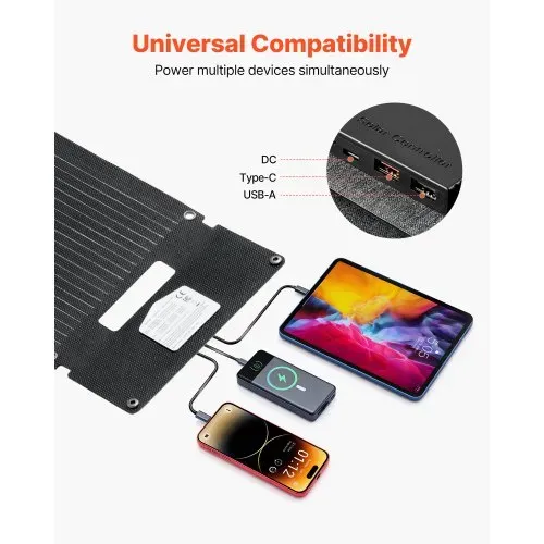 VEVOR Faltbares Solarpanel 30 W, 16BB N-Typ Monokristallines Solarmodul, Tragbares Solarladegerät mit USB-A-, USB-A (QC3.0)- & Typ-C-Anschlüssen für Camping, Rucksackreisen, Handys & Tablets – Bild 2