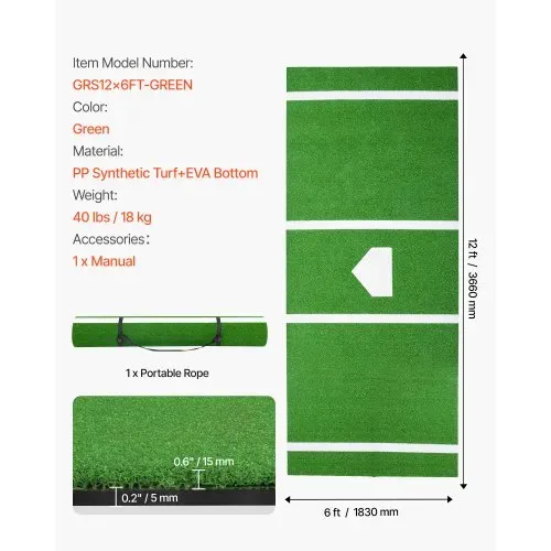 VEVOR Baseball-Schlagmatte Trainingsmatte (366 x 183 cm) Trainingspad Schlagkäfigmatte, Baseballmatte mit Home Plate & Anti-Fade-Rasen, tragbare Trainingshilfe Softballmatte Outdoor, Grün – Bild 6