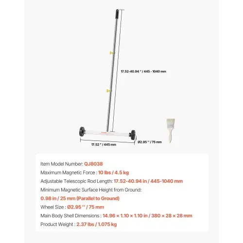 VEVOR Magnetkehrer Magnetkehrmaschine mit Rädern 43 cm, 4,5 kg Tragkraft, Magnetbesen mit verstellbarem Griff, zum Aufheben von Nägeln und Schrauben, Reinigung für Garagen, Dachprojekte – Bild 6