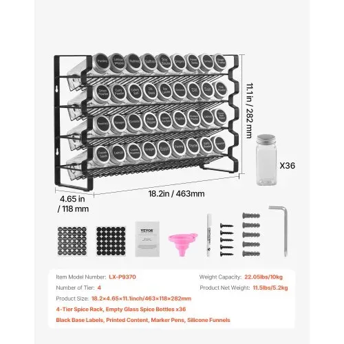 VEVOR 4-stöckiges Gewürzregal Gewürzhalter mit 36 leeren Gewürzgläser & Gestell & Gewürzetiketten & Trichter-Komplettset, Gewürz-Organizer für Küchen Schrank Speisekammer (463 x 118 x 282 mm) – Bild 6
