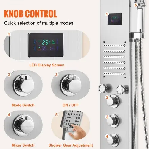 VEVOR Duschpaneelsystem, 6 Duschmodi, LED- und Bildschirm-Wasserkraft-Duschpaneelturm, Regenfall, Wasserfall, 5 Massagedüsen, Wannenauslauf, Handbrause, wandmontiertes Duschset aus Edelstahl – Bild 4