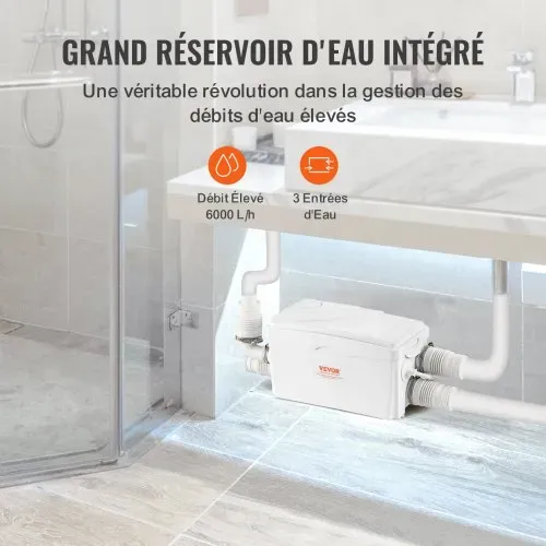VEVOR Hebeanlage, 350 W, 6000 l/h Durchfluss, 7 m Förderhöhe, Abwasserpumpe mit 3 Wassereinlässen für Keller, Küche, Spüle, Dusche, Badewanne, Wäscheabwasserentsorgung, Aufspülmaschine – Bild 4