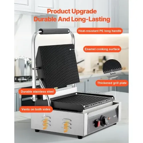VEVOR kommerzieller Panini-Grill Kontaktgrill 2200 W für Sandwiches Steak Bacon Hamburger, Sandwichmaker Pressgrill aus Edelstahl mit Griff & Temperaturregelung & 34 x23 cm Heizplatte, Paninipresse – Bild 2