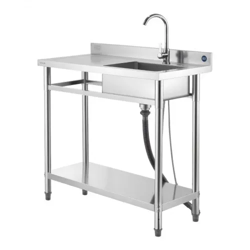 VEVOR Spültisch Spülbecken Edelstahl (100 x 50 x 94 cm), Einzelbecken mit Wasserhahn & Ablage, Küchenspüle für Garage Restaurant Wäscherei, Waschtisch Außenspüle mit Arbeitsplatte (links) – Bild 9