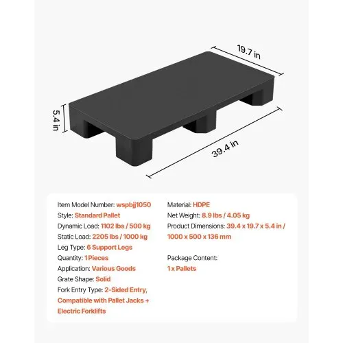 VEVOR Kunststoffpalette 1000x500x136 mm, Universale Leichtpalette mit 1000 kg Statischer Traglast, Geschlossene Industriepalette mit 2-Wege-Einfahrt, Nestbare Bodenpalette für Lager Garage Supermarkt – Bild 6