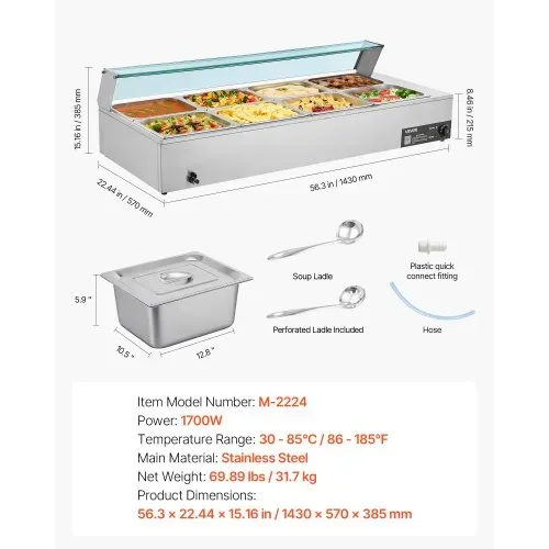 VEVOR kommerzieller Speisenwärmer (8 x 1/2 Größe Behälter), 1,7 kW elektrischer Wärmebehälter aus Edelstahl mit Glasabdeckung & Suppenkelle, Chafing Dishes für Catering Restaurant Party – Bild 6