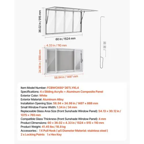 VEVOR Verkaufsfenster für Foodtrucks 1524 x 915 mm aus Aluminiumlegierung, Konzessionsfenster für Imbisswagen, bis zu 85° Aufklappbar, 4 Acryl-Schiebefenster, Verkaufsklappe, Schlepphaken, Regenschutz – Bild 6