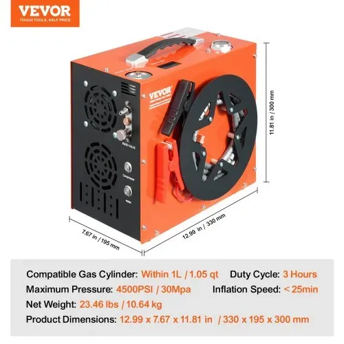 VEVOR PCP-Luftkompressor, 4500 PSI/30 MPa tragbarer PCP-Luftgewehrkompressor – Eingebautes Wasser- und Lüfterkühlsystem, Auto-Stopp DC12 V/AC230 V Paintball-Tankkompressor für Luftgewehr, Tauchflasche – Bild 6