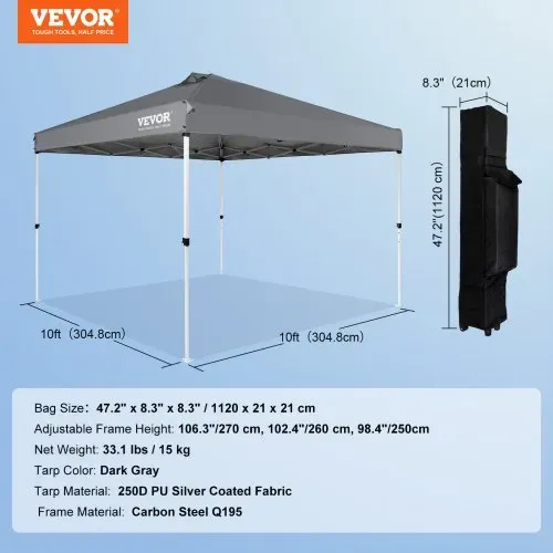 VEVOR Pavillon 304,8x304,8x320cm Gartenzelt 250D PU Silber beschichtetes Gewebe Faltpavillon inkl. Aufbewahrungstasche Partyzelt 6-8 Personen Pop up Zelt Faltzelt Gartenpavillon für Campingausflug – Bild 6