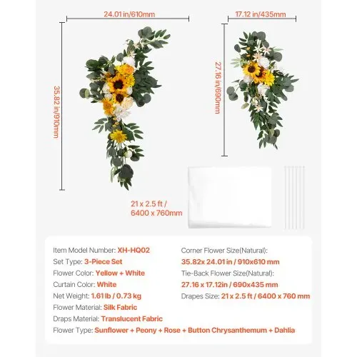 VEVOR Blumen für Hochzeit Bogen, gelbe Blumen für Traubogen mit Vorhängen (3er-Set) – 2 Blumenarrangements, 1 transparente Vorhänge, für Zeremoniensträuße, Empfangshintergrunddekoration – Bild 6