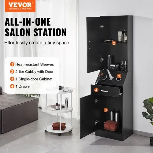 VEVOR Salon-Aufbewahrungsschrank, Friseursalon-Station für Friseure, Friseurstation-Set, mit 3 Haartrocknerhaltern, Schränken und einer Schublade, schwarz, 44 x 40 x 180 cm VEVOR Salon-Aufbewahrungsschrank, Friseursalon-Station für Friseure, Friseurstation-Set, mit 3 Haartrocknerhaltern, Schränken und einer Schublade, schwarz, 44 x 40 x 180 cm