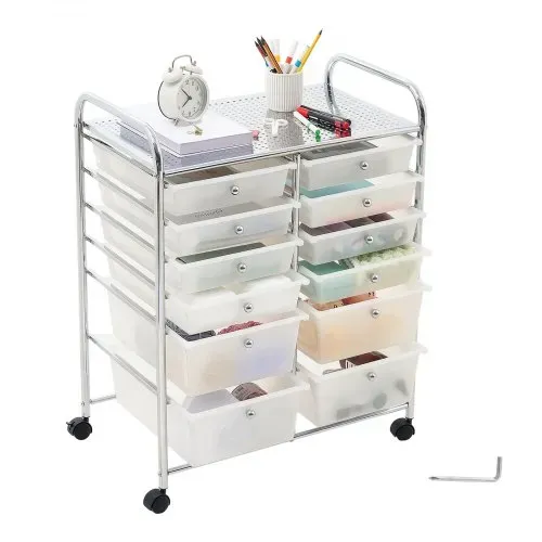 VEVOR Rollwagen mit 12 Schubladen Rollcontainer Doppelreihe 635x395x815mm, Metallgestell, Ablagefläche, Handgriffe, Lenkrolle mit 2 Bremsen, Mobiler Schubladenwagen für Büro Werkstatt Klassenzimmer – Bild 8