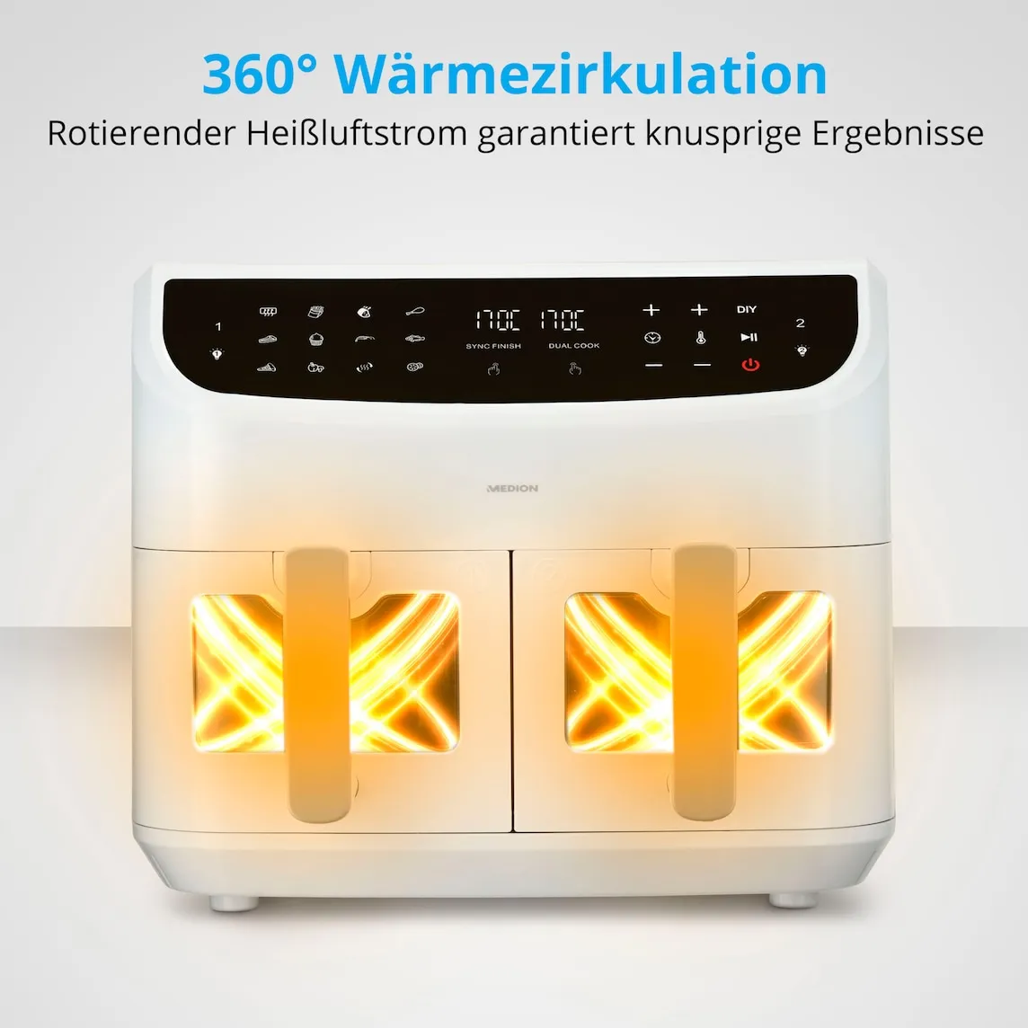 MEDION LIFE P20 XXL Twin DoppelzonenHeißluftfritteuse MD 11760, 2 separate Garzonen, 9 Automatikprogramme, 8,7 L Gesamt-Nutzinhalt, 2.600 Watt, Temperatur einstellbar bis 200 °C – Bild 4