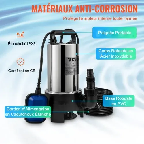 VEVOR Tauchpumpe 1100W Schmutzwasserpumpe 230V Gartenpumpe Durchfluss 333,3L/min Schmutzwassertauchpumpe IPX8 Auslass zuschneidbar zum Pumpen von Wasser aus Schwimmbädern Teichen – Bild 3