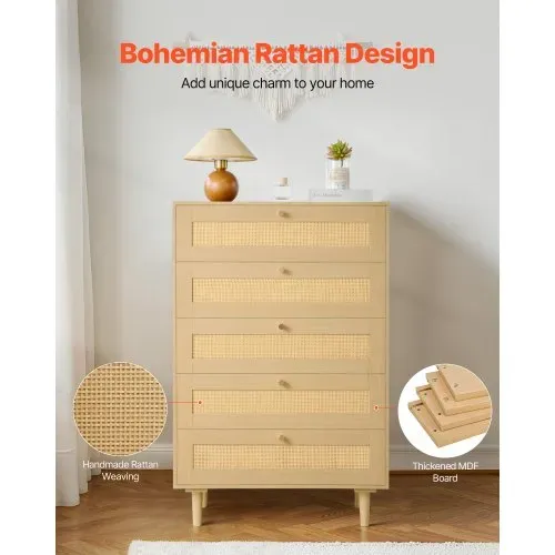 VEVOR Rattankommode Aufbewahrungsschrank mit 5 Schubladen & Metallgriffen & Holzbeinen, moderner Rattanschrank für Schlafzimmer Wohnzimmer Flur (70,2x40x106,5 cm) Kleidungsschrank Schubladenschrank – Bild 3