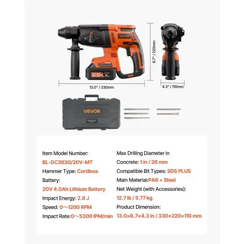 VEVOR 20 V bürstenloser Akku-Bohrhammer kabellos, Lithium-Ionen 26 mm Bohrhammer, SDS-Plus Elektro-Leichtbausatz mit Akku & Ladegerät & Tragekoffer, 4 Funktionen 1200 U/min 5300 BPM – Bild 6