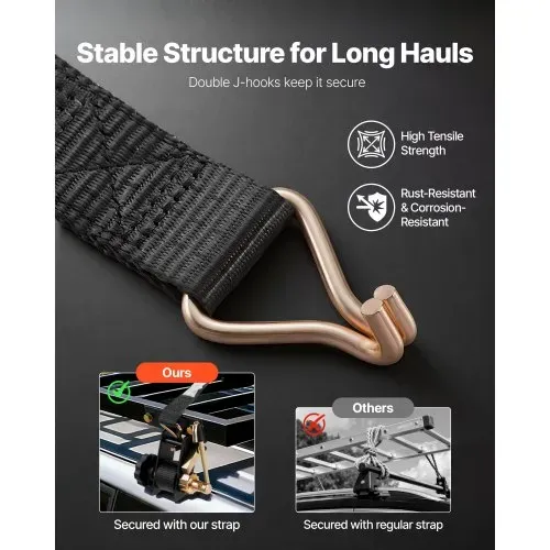 VEVOR Spanngurte für Leitergestell, schwarze Vierkantrohrbefestigung, 38 mm x 2,25 m, Ratschengurte mit doppelten J-Haken, 226,8 kg Traglast, Schnallenverschluss (2er-Pack) für Dachträger – Bild 4