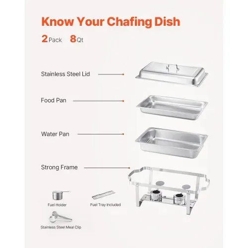 VEVOR Chafing Dish Buffet Speisenwärmer (7,5 L), 2 Stk. mit 2 Pfannen in voller Größe, rechteckiger Catering-Wärmespender mit Deckel & Brennstoffhalter, für Hochzeiten Partys Bankette Silber – Bild 4