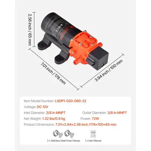VEVOR Membranpumpe, 12 V DC, 4,5 L/min, selbstansaugende 2-Kammer-Membranwasserpumpe mit 2 Schlauchschellen, 5,5 bar max. Druck, leiser Betrieb, für Wohnmobil, Wohnwagen, Boot, Gartenbewässerung – Bild 6