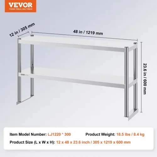 VEVOR Doppeltes Überregal, doppelstöckiges Überregal aus Edelstahl, 305 x 1219 mm doppelstöckiges Überregal, höhenverstellbarer Überregal-Vorbereitungstisch für Küche, Restaurant und Werkstatt – Bild 6