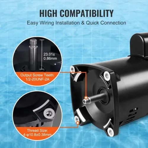VEVOR 1.5 PS Poolpumpenmotor, 56Y Rahmen, 115V((12.8 Ampere))/230V(6.4 Ampere) 3450 U/min, 60Hz, 1.1 Betriebsfaktor, 90μF/250V Kondensator, CCW Rotation Vierkantflansch Ersatzmotor – Bild 3