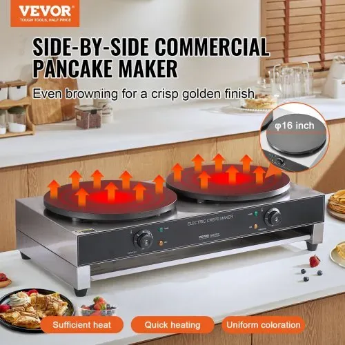 VEVOR elektrischer Crepemaker Crepe-Maschine mit Doppelkopf 6000 W flache Crepe-Grillplatte, Pfannkuchenherd aus Edelstahl, Cerealien-Pfannkuchenherd, Temperaturregelung (kein Stecker) VEVOR elektrischer Crepemaker Crepe-Maschine mit Doppelkopf 6000 W flache Crepe-Grillplatte, Pfannkuchenherd aus Edelstahl, Cerealien-Pfannkuchenherd, Temperaturregelung (kein Stecker)