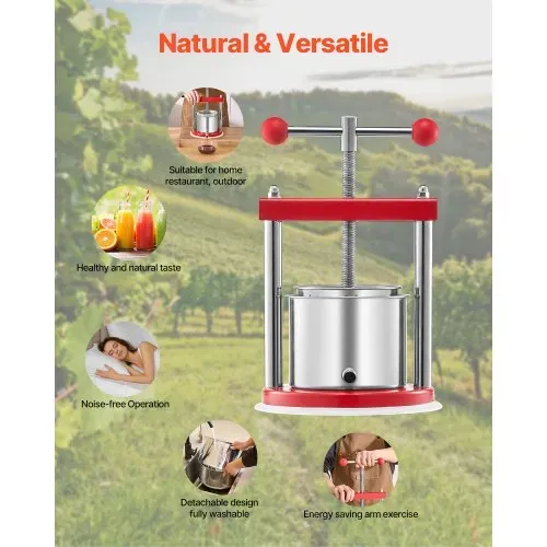 VEVOR Obstweinpresse Obstmühle Apfelmühle (1,65 L) mit 2 Edelstahlfässer, manueller Entsafter, Apfelweinpresse Saftpresse Apfelpresse Traubenpresse Olivenölpresse mit T-Griff für Küche – Bild 5