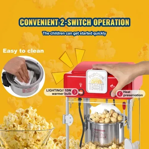 VEVOR Popcornmaschine, 300 W Popcornmaschine, 2,5 oz Kessel macht 4 QT pro Ladung, Tisch-Popcornmaschine mit PP-Tür, inkl. 2 Schaufeln und Tablett, Kino-Stil, rot – Bild 4