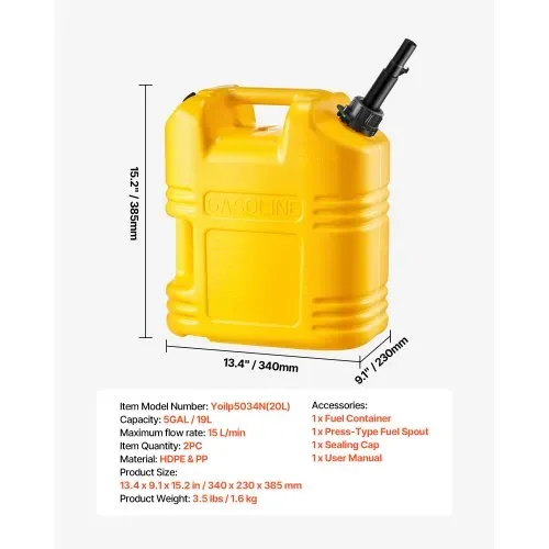 VEVOR Kraftstoffkanister 2er-Pack 19 L, Benzinkanister mit Ausguss & klarer Skala, max. Durchflussrate 15 L/min, Flüssigkeitsbehälter für die meisten Autos, Motorräder, SUVs, ATVs & UTVs, gelb – Bild 6