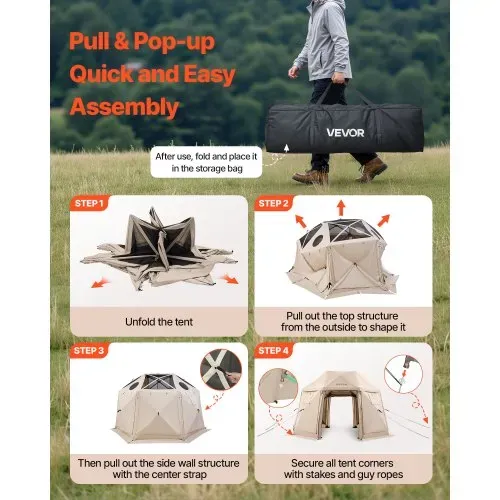 VEVOR Pop-up-Pavillon 3,6 x 3,6 m, 13-seitiges, kugelförmiges Campingzelt mit abnehmbarem Dach & Tragetasche, 360°-Belüftung Sonnenschutz, Partyzelt für 8–10 Personen, Beige – Bild 4