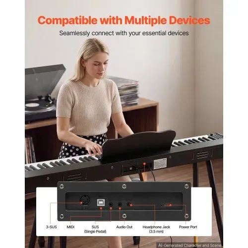 VEVOR Digitalpiano 88 Halbgewichtete Tasten Standardgröße E-Piano Schwarz für Anfänger, 600 Klangfarben, 600 Rhythmen, USB, MIDI, Audioausgang, Kopfhörerbuchse, Sustain-Pedal und HiFi-Lautsprechern – Bild 5