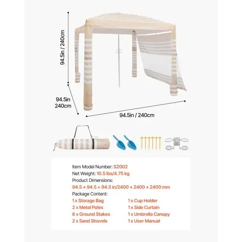 VEVOR Strand-Cabana, 2,4 x 2,4 m Strandüberdachung mit Seitenwand, UPF 50+ Sonnenschutz, Cabana mit Sandsäcken, höhenverstellbarer & tragbarer Sonnenschutz für die ganze Familie und Freunde – Bild 6