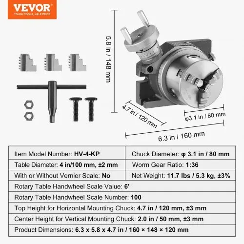 VEVOR Drehtisch für Fräsmaschinen, 100mm, horizontales vertikales Modell, Präzisionsfräsdrehtisch, mit 80mm 3-Backenfutter, M10-T-Bolzenmuttern, für Frästechnik-Indizierungswerkzeuge – Bild 6