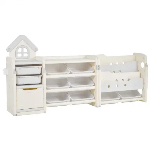 VEVOR Spielzeugaufbewahrung Bücherregal Spielzeugregal HDPE, 4-stöckige multifunktionale Ablage mit 10 flexiblen Kunststoffbehältern, für Schlafzimmer Klassenzimmer Kinderzimmer (Grau + Beige) – Bild 9