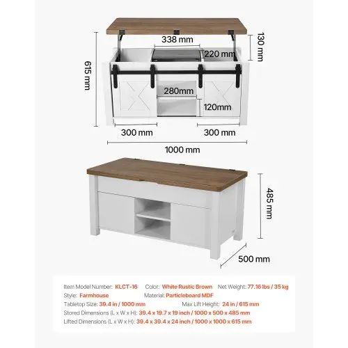 VEVOR Lift Top Couchtisch 100 cm, rustikaler Kaffeetisch mit Scheunentor & verstecktem Staufach, rechteckige Hubtischplatte für Wohnzimmer Büro Zuhause, Wohnzimmertisch Sofatisch Braun + Weiß – Bild 6