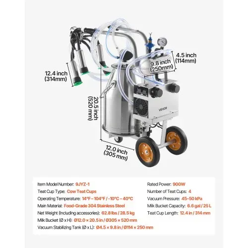 VEVOR Elektrische Melkmaschine, 25-L-Eimer aus Edelstahl 304, Lebensmittelechte Zitzengummis & Silikonschlauch, Starke Saugkraft, Vakuumpulsation, elektrische Melkausrüstung mit Rädern für Kühe – Bild 6