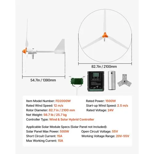 VEVOR 1500W 24V Horizontale Windkraftanlage mit Wind- & Solar-Hybridregler, 3 Rotorblätter, 3-Phasen-Wechselstrom, IP67 & Überladeschutz, MPPT- & PWM-Hybridregler, Windturbine für Wohnhäuser RVs Boote – Bild 6