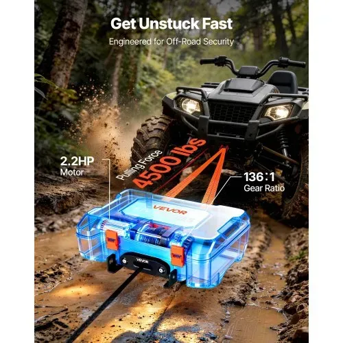 VEVOR Elektrische Seilwinde 12V, Mobile Seilwinde mit 2041kg Tragkraft & Fernbedienung, Tragbare Motorwinde mit Synthetikseil Seilführung Schäkelhaken Gurt Tragkiste, Elektrowinde für ATV UTV Offroad – Bild 2