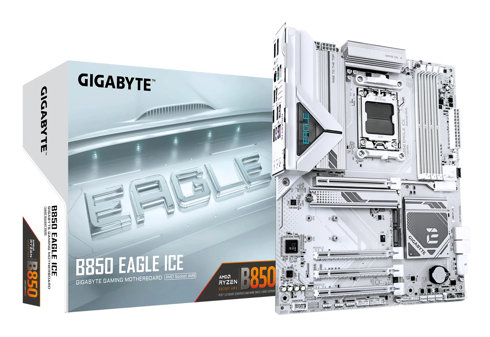 GIGABYTE B850 EAGLE ICE Mainboard – AMD Ryzen 9000 Serien-Prozessoren, 8+2+2 Phasen Digital-VRM, bis zu 8200 MHz DDR5 (O.C), 1 x PCIe 5.0 M.2 + 2 x PCIe 4.0 M.2, 2.5 GbE LAN, USB 3.2 Gen 2 GIGABYTE B850 EAGLE ICE Mainboard – AMD Ryzen 9000 Serien-Prozessoren, 8+2+2 Phasen Digital-VRM, bis zu 8200 MHz DDR5 (O.C), 1 x PCIe 5.0 M.2 + 2 x PCIe 4.0 M.2, 2.5 GbE LAN, USB 3.2 Gen 2