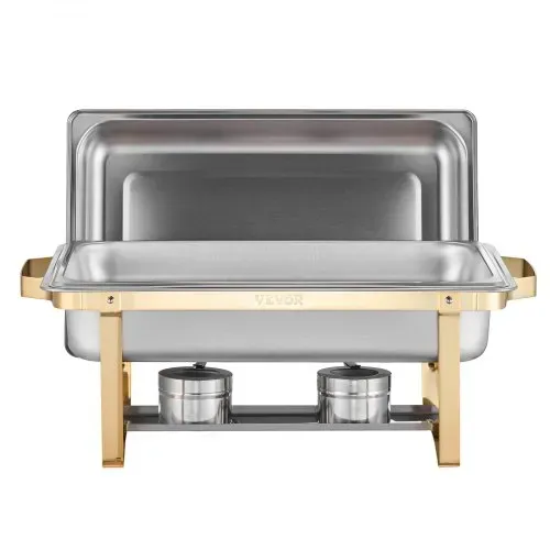 VEVOR Chafing Dish Set Speisenwärmer Edelstahl mit 2 Pfannen in voller Größe (7,5 L) & 4 halbgroßen Pfannen (4 L), rechteckiger Catering-Wärmespender mit Deckel & Wasserpfannenständer, Gold – Bild 8