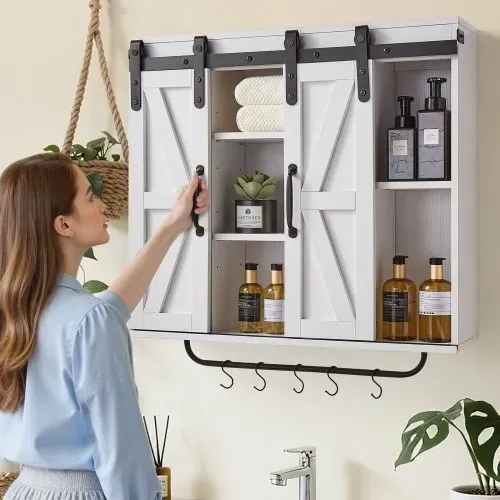 VEVOR Badezimmer Wandschrank Medizinschrank mit 2 Schiebetüren & verstellbaren Regalen, Aufbewahrungsschrank Hängeschrank mit offener Trennwand / Handtuchhalter / Haken für Küche, Toilette – Bild 7