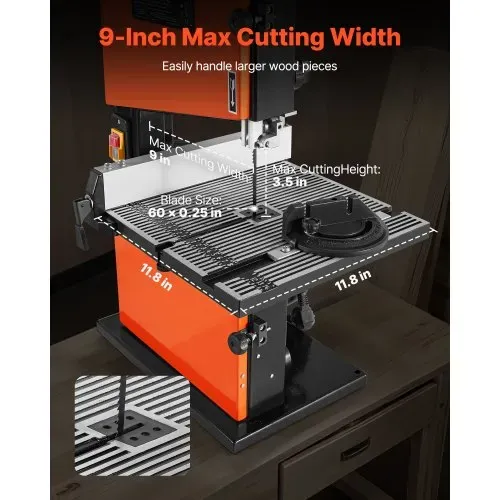 VEVOR Bandsäge, 229 mm, Holzbandsäge mit 373-W-Motor (1/2 PS), 90 mm Schnitthöhe, 300x300 mm Alu-Gusstisch, mit 360°-Arbeitsleuchte, Gehrungsanschlag, Parallelanschlag, für die Holzbearbeitung – Bild 3